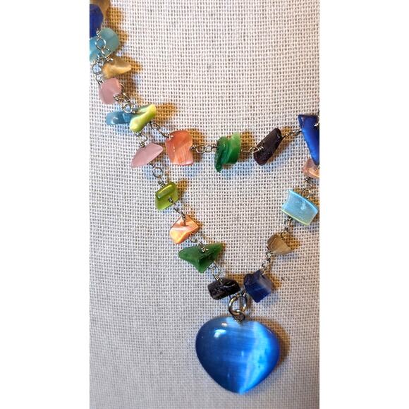 Blue Glass Heart Double Strand Glass Chip Beaded Necklace - Picture 2 of 7